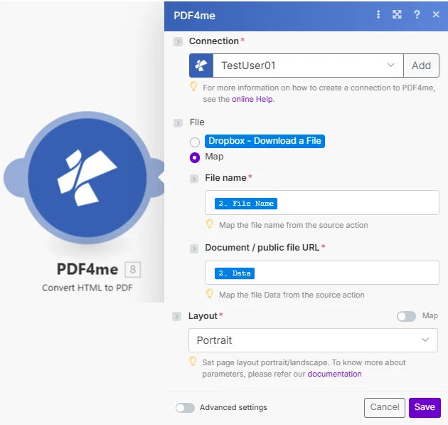 O módulo "Converter HTML para PDF" do PDF4me mostra a Conexão definida como TestUser01, o Arquivo definido como "Mapear" com o campo "Nome do arquivo" mapeado de "2. Nome do arquivo" e o campo "URL do documento/arquivo público" mapeado de "2. Dados". O menu suspenso "Layout" está definido como "Retrato" com a dica "Definir layout da página retrato/paisagem" e a opção "Configurações avançadas" na parte inferior.